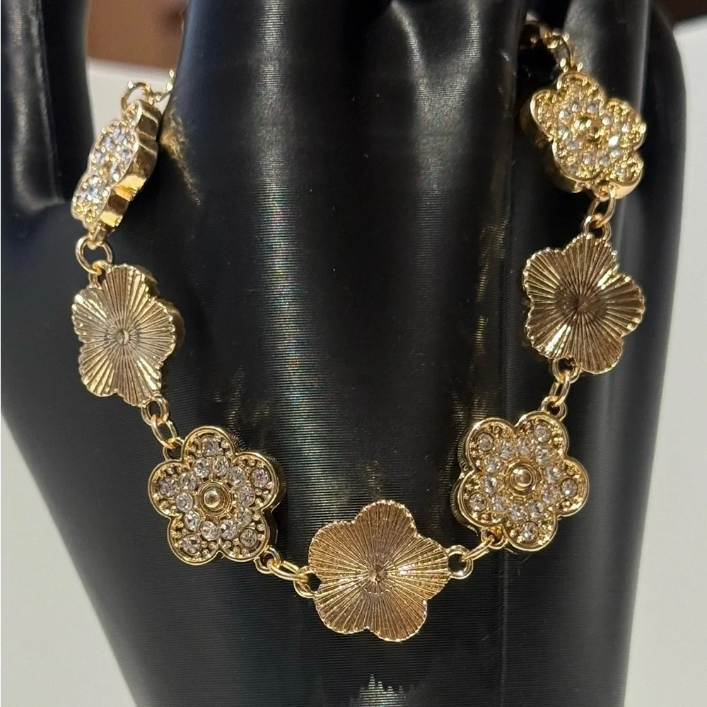 Gold Floral Bracelet with Rhinestones